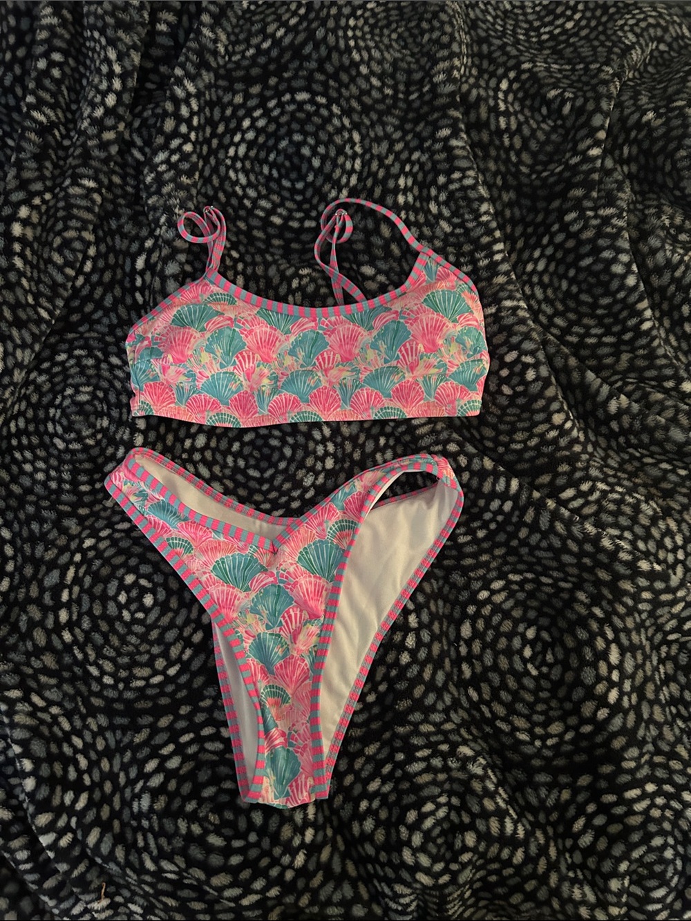 Pink & Teal Shell Print Bikini Set